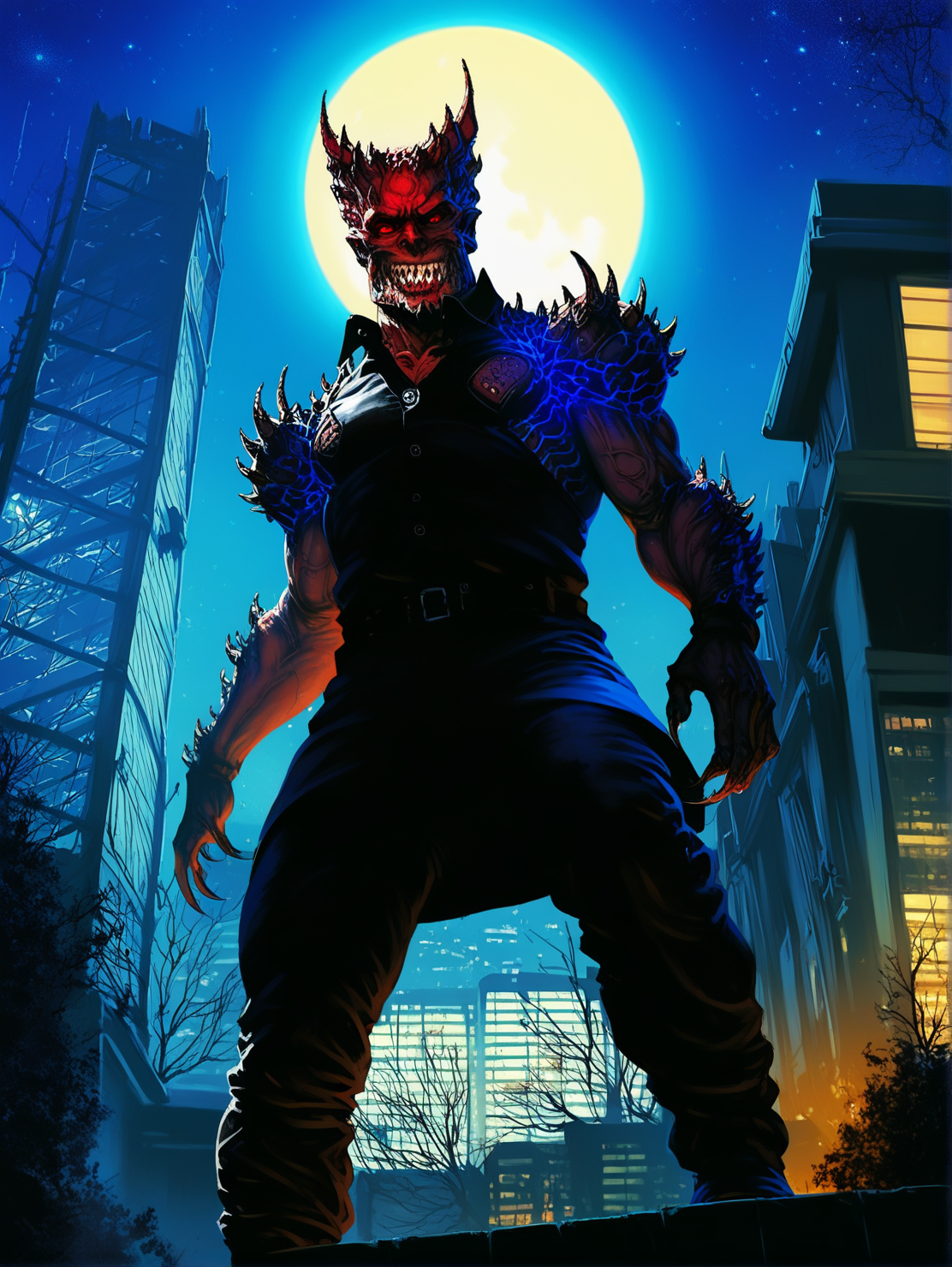 <lora:BladeDrakePonyv1:1>, score_9, score_8_up, score_7_up, high quality, best quality, hdr, uhd, 4k, masterpiece, bladedrakeponyv1, solo, spikes, 1boy, rough skin, horns, teeth, monster, sharp teeth, night, moon, high collared cloack, dark, standing, standing on a roof's edge, full body, full body black cloack, <lora:Sinozick_Style_XL_Pony:0.8> sinozick style, flat color, dark theme, low angle view, looking down, looking at viewer, ((low angle view)), far off shot <lora:backlighting:0.8> backlighting, silhouette, glowing red eyes