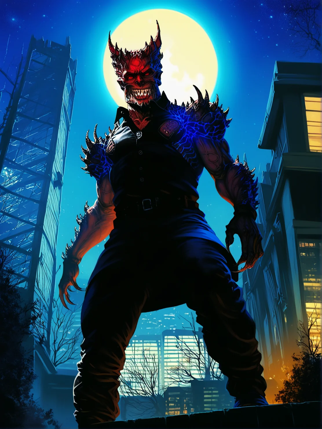 <lora:BladeDrakePonyv1:1>, score_9, score_8_up, score_7_up, high quality, best quality, hdr, uhd, 4k, masterpiece, bladedrakeponyv1, solo, spikes, 1boy, rough skin, horns, teeth, monster, sharp teeth, night, moon, high collared cloack, dark, standing, standing on a roof's edge, full body, full body black cloack, <lora:Sinozick_Style_XL_Pony:0.8> sinozick style, flat color, dark theme, low angle view, looking down, looking at viewer, ((low angle view)), far off shot <lora:backlighting:0.8> backlighting, silhouette, glowing red eyes