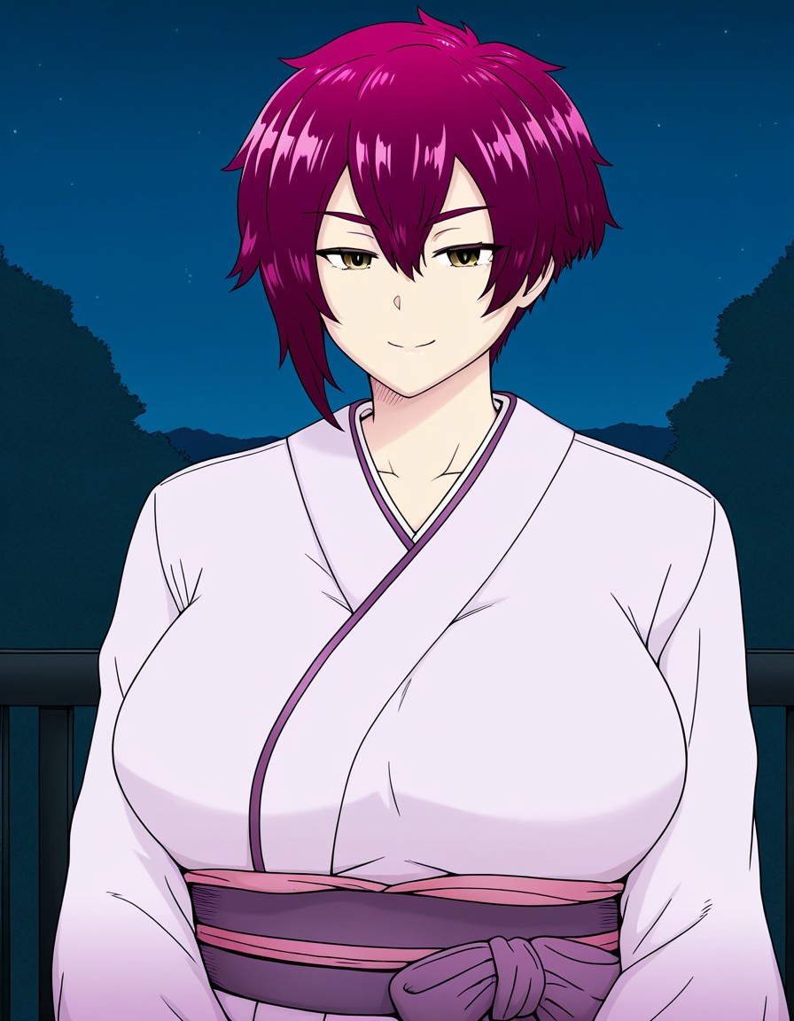 anime coloring, absurdres, anime screenshot, Mikoshiba_xl, tomboy, short_hair, purplish-red_hair, breasts, stylist kimono, night, smile, <lora:4318577c-26f9-4c9e-ab1c-d5c7739e800b:0.7>