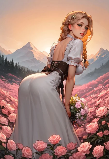 safe_pos, safe_pos, score_9, score_8_up, score_7_up, score_6_up, score_5_up, score_4_up, Expressiveh, 18 year old girl, cute innocent girl, petite, slender body, large perky round breasts, ((freckles)), ((full pouty lips)), slim legs, braided BLONDE hair, 2braids, fully clothed, wearing <lora:dirndl-ponyxl-lora-nochekaiser:1>, ((red and white)) dirndl, german clothes, waist apron, long skirt, ((white blouse)), ((brown corsett)),

1girl, bending over, ass up, holding bouquet of flowers, meadow of ((pink)) flowers, back view, low angle, from behind, focus on ass, looking back over shoulder at viewer,

outdoor, high in the swiss alps, on a mountain, mountain side, steep grassy hill with pink flowers, sunset, sunny weather, warm golden hour light, long shadows