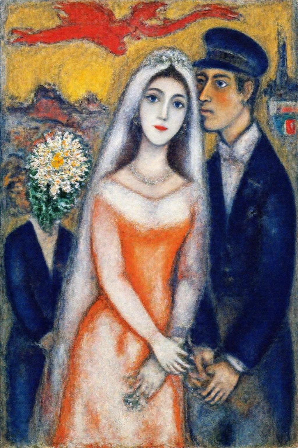 marcha9 painting 
This image is a vibrant, stylized painting in a surreal, dreamlike style, reminiscent of the artist Marc Chagall's distinctive artistic style. The scene depicts a wedding scene with a surreal, fantastical twist. The central figure is a woman with a serene expression, wearing a flowing, long-sleeved, orange dress with white trim, suggesting a wedding gown. She has long, flowing hair and is holding a bouquet of white flowers with a yellow center. To her right, a man in a dark suit, with a hat and a long coat, is gently touching her shoulder, while another figure, also in a dark outfit, reaches out from the left side, their face obscured by the woman's head. <lora:marcha2_cap_d6a3e15:1.0><lora:814272898492791656:0>