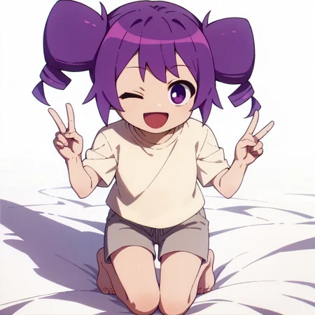 score_9, score_8_up, score_7_up BREAK Otachan, 1girl, purple hair, hair drills, purple eyes, short-sleeved light yellow shirt, gray shorts, barefoot, open mouth smile, winking at viewer, hands peace sign,