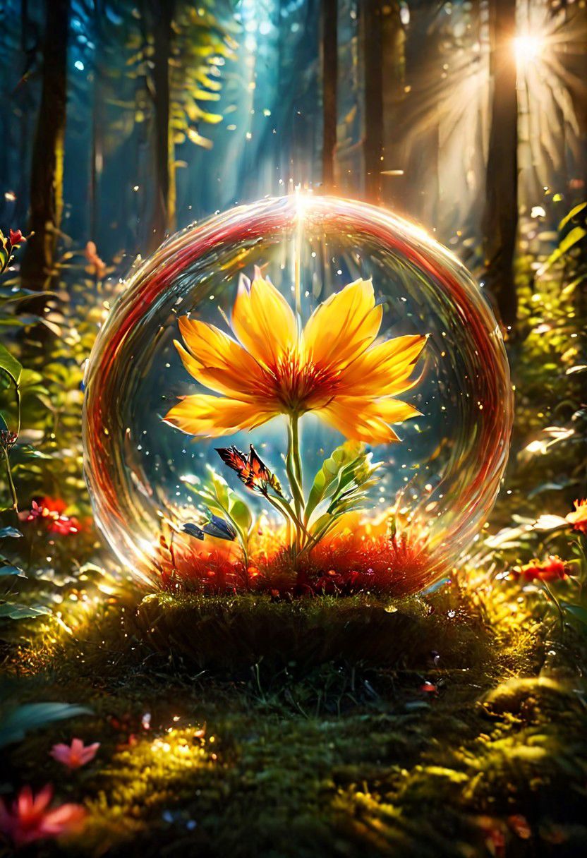 ((a scarlet flower glows in a clearing, a magical light)), blur, white flower, butterfly, depth of field, butterfly wings, antennae, ((night))