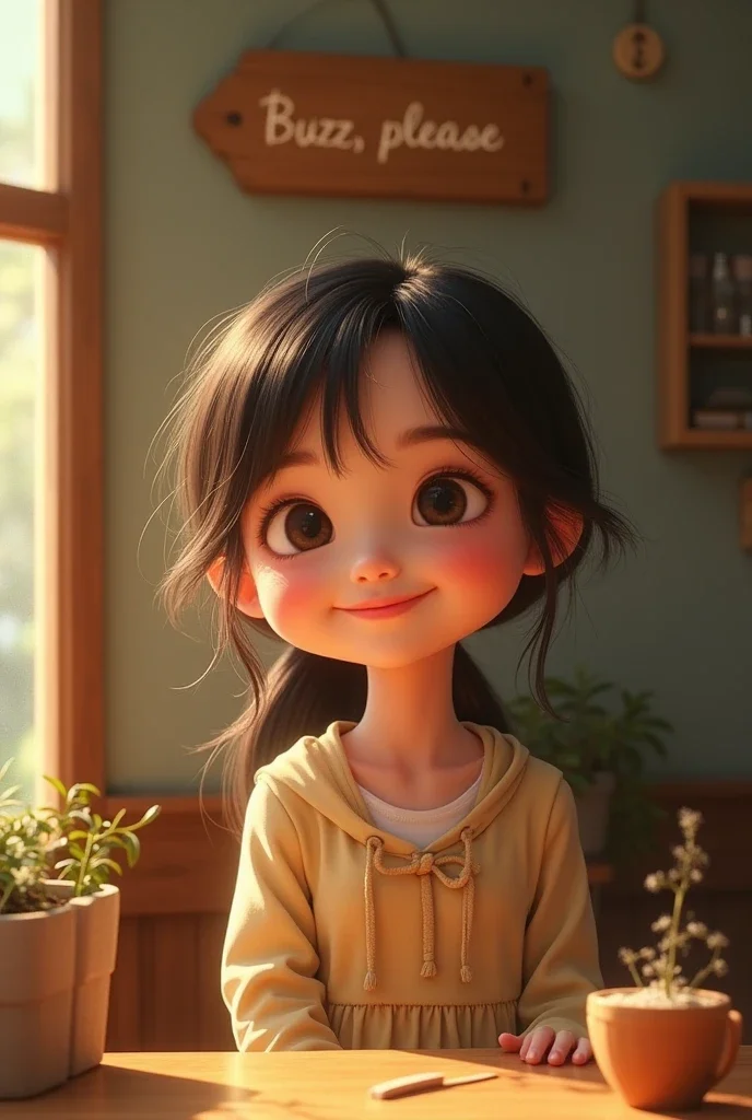 cute lovely girl, sign on wall saying "buzz please"