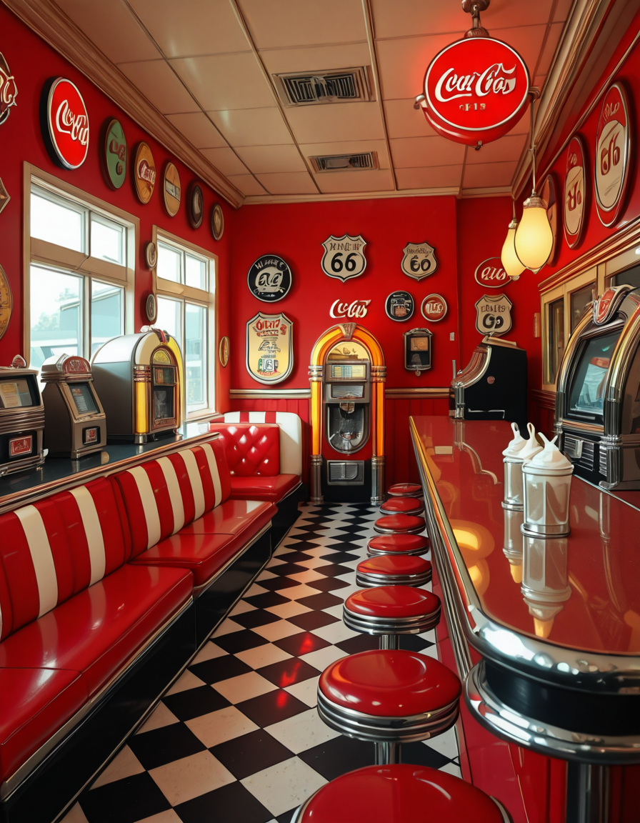 A classic 1950s American diner with a nostalgic retro atmosphere. The interior features red and white leather booth seating, chrome-trimmed tables, and a long counter with matching red barstools. A vintage jukebox with colorful neon lights stands against the wall, ready to play rock 'n' roll hits. The checkered black-and-white floor contrasts with pastel-colored walls adorned with Coca-Cola signs, Route 66 memorabilia, and classic diner menus. A row of shiny chrome napkin dispensers and glass salt and pepper shakers sit neatly on the tables. A milkshake machine and an old-fashioned soda fountain rest behind the counter, next to a vintage cash register. Large windows let in soft daylight, reflecting off the gleaming surfaces, creating a warm and inviting retro ambiance.
<lora:SDXLFaeTastic2400:0.4> <lora:extremely_detailed:0.4> extremely detailed,1950s American d1n3r, <lora:1950s_American_d1n3r-i:1>, Masterpiece,best quality,hi res,8k,hi res,8k,award winning,(sharp focus, intricate, highly detailed),