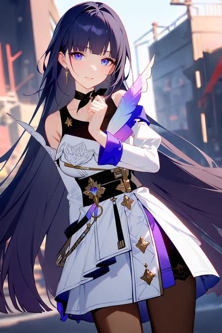 masterpiece, best quality, very aesthetic, ray tracing, newest,(hitenkei, askzy:0.5), 1girl, raiden mei, solo, pantyhose, single glove, layered dress, ribbon choker, tank top, detached sleeves, factory, standing, cowboy shot, outdoors, depth of field, light smile, looking at viewer <lora:Char-Honkai-Raiden_Mei-XL-V1:0.9>