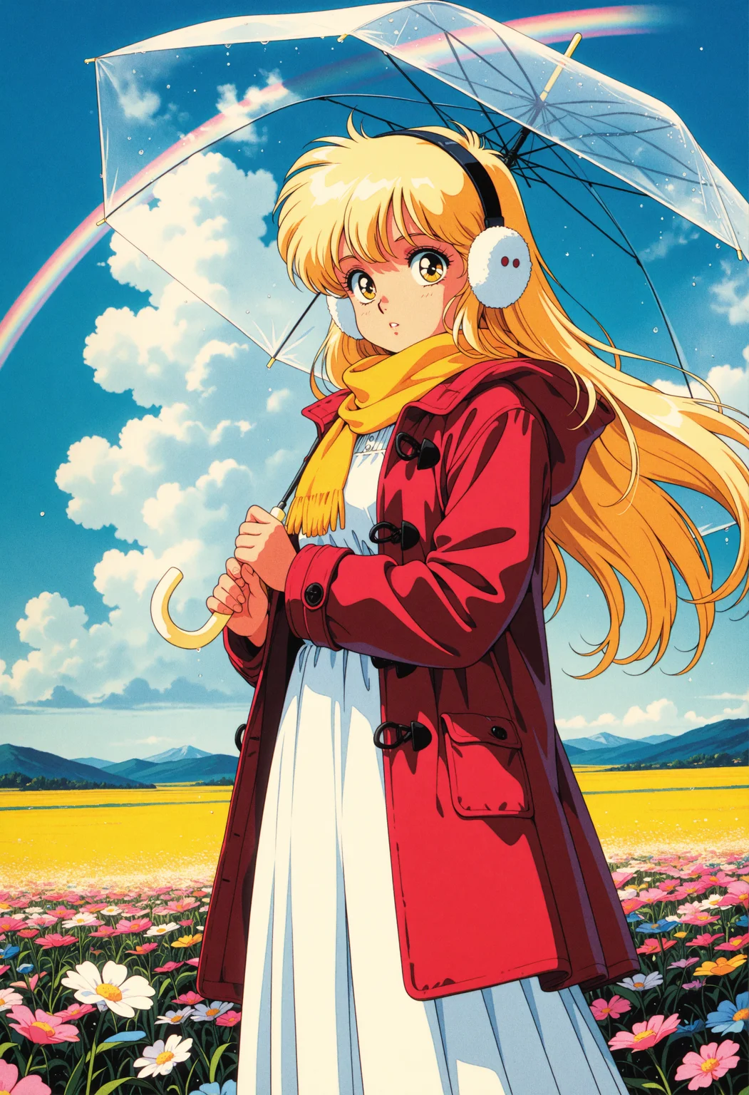 1girl, blonde hair, blue sky, cloud, coat, day, dress, earmuffs, field, floating hair, flower, flower field, holding, holding umbrella, hood, hooded coat, long dress, long hair, looking at viewer, outdoors, parted lips, pleated dress, rainbow, red coat, scarf, sky, solo, transparent, transparent umbrella, umbrella, very long hair, white dress, yellow eyes, yellow scarf
masterpiece,best quality,amazing quality,<lora:knva:0.8>,retro artstyle, retro illustration,