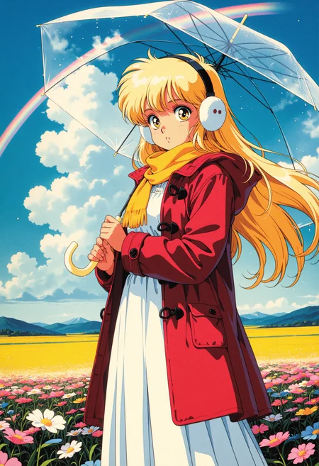 1girl, blonde hair, blue sky, cloud, coat, day, dress, earmuffs, field, floating hair, flower, flower field, holding, holding umbrella, hood, hooded coat, long dress, long hair, looking at viewer, outdoors, parted lips, pleated dress, rainbow, red coat, scarf, sky, solo, transparent, transparent umbrella, umbrella, very long hair, white dress, yellow eyes, yellow scarf
masterpiece,best quality,amazing quality,<lora:knva:0.8>,retro artstyle, retro illustration,