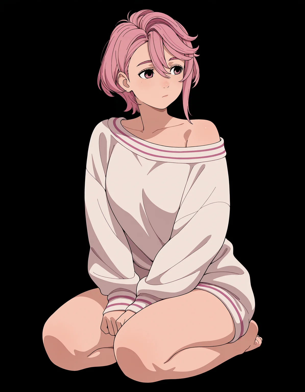 <lora:Aira Illu:1>
1girl, solo,
a1ra, pink hair, short hair, pink eyes, hair between eyes,
sweater, off shoulder,
seiza, looking to the side,
full body,, masterpiece, best quality, amazing quality,, (simple background, black background:1.5),