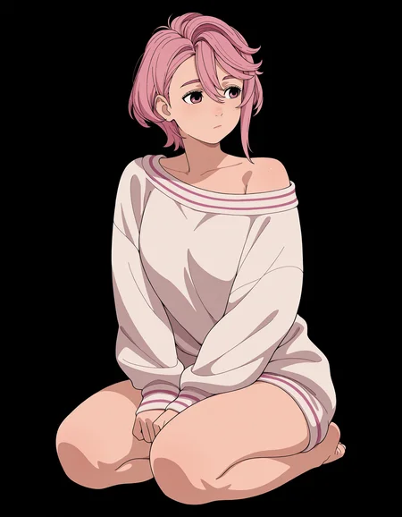 <lora:Aira Illu:1>
1girl, solo,
a1ra, pink hair, short hair, pink eyes, hair between eyes,
sweater, off shoulder,
seiza, looking to the side,
full body,, masterpiece, best quality, amazing quality,, (simple background, black background:1.5),