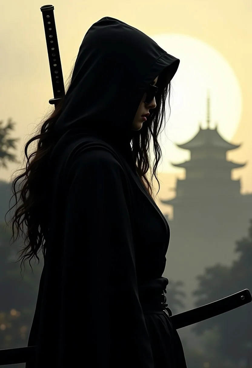 silhouette art, japanese female assassin, long hair, black robes, hood, a katana slung over her back, viewed from the side, silhouetted, chiascuro, light hitting one side of her face, edu-era traditional japanese castle in the background