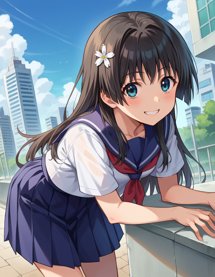 score_9, score_8_up, score_7_up, source_anime,
satenruiko, <lora:saten-ruiko-ponyxl-lora-nochekaiser:1>,
saten ruiko, black hair, blue eyes, long hair, hair ornament, flower ornament, smile,
blue skirt, pleated skirt, sakugawa school uniform, school uniform, serafuku, skirt, summer uniform,
outdoors, cityscape, bent over,
looking at viewer, cowboy shot, dutch angle,