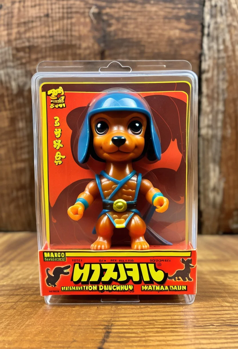 <lora:1987 Action Figure Playset Packaging:1>1987 Action Figure Playset Packaging - A product photo of a 1970s japanese toy translucent dachshund ninja figure in front of packaging