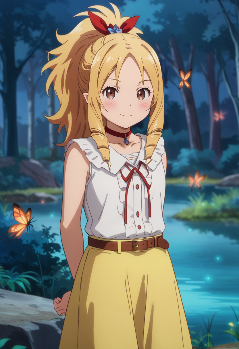 score_7_up, anime screencap,
<lora:EromangaSensei_YamadaElfXL:0.9>,
1girl, solo, closed mouth, light smile, blush,
drill hair, blonde hair, parted bangs, ponytail, brown eyes, pointy ears, hair bow,
ElfCasual2, sleeveless shirt, frilled shirt, red choker, red ribbon, white shirt, yellow skirt, belt, 
standing, looking at viewer, arms behind back,
blurry background, outdoors, night, fireflies, forest, lake