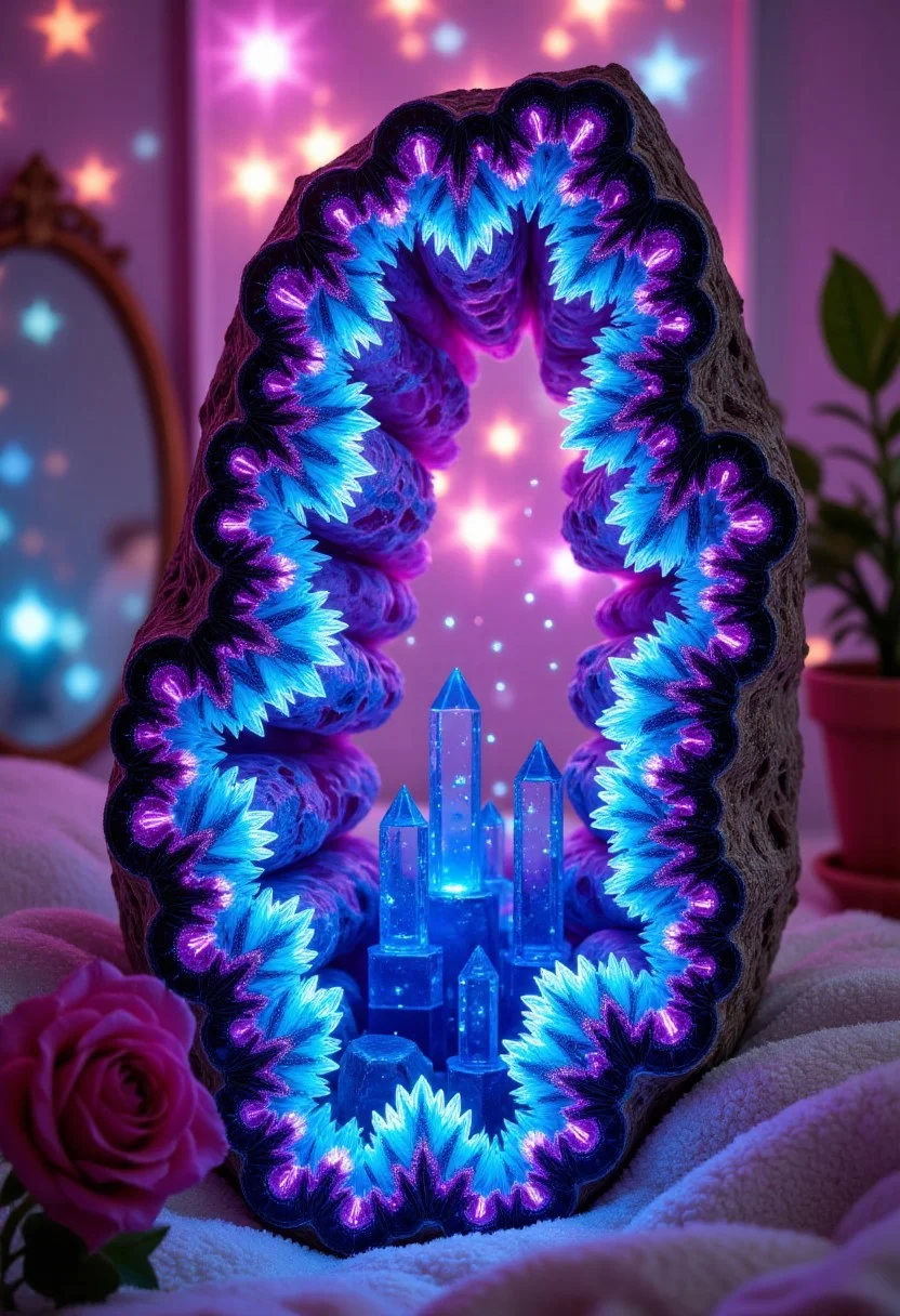“High‑gloss resin and acrylic hybrid of a cavern of living crystals, deep ultraviolet hues refracting light, embedded glitter particles for sparkle, layered depth effect as if you peer into a real geode.”
, aidmaHiDreamStyle , aidmamjv7