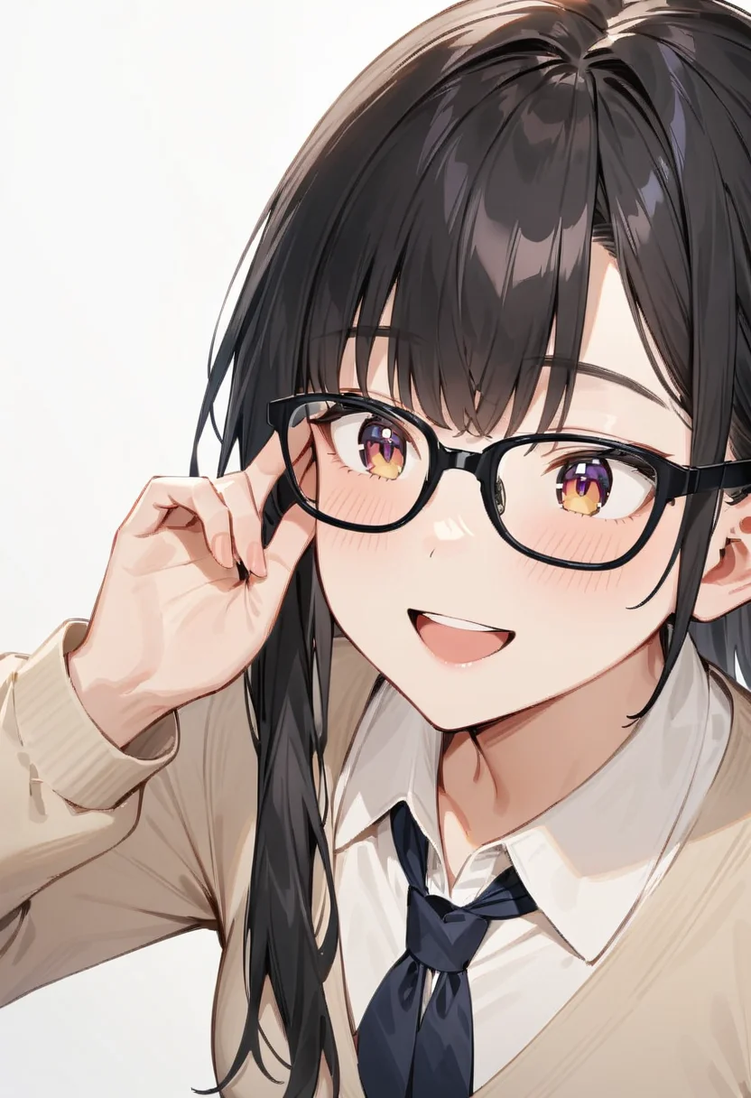 masterpiece, best quality, very aesthetic, absurdres,
1girl, solo, black hair, long hair,
Wellington22A, glasses, black-framed eyewear,
collared shirt, happy, smile, looking at another, adjusting eyewear, white background, simple background,
<lora:glasses_Wellington_cellframe1_SDXL_V1:0.8>