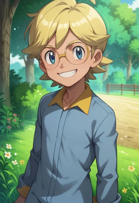 score_9, score_8_up, score_7_up, source_anime, highly detailed, 1boy, solo, male_focus, slender, skinny, cute,
clem_2, 1boy, blonde hair, male focus, glasses, solo, smile, closed mouth, blue eyes, jumpsuit, outdoors, grin, teeth, happy,