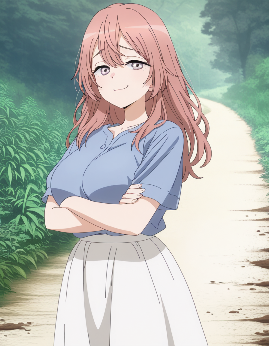 masterpiece, best quality, amazing quality,, <lora:shinju-inui-s1-illustriousxl-lora-nochekaiser:1>, shinju inui, inui shinju, long hair, pink hair, pink eyes, mature female, breasts, anime screencap,, skirt, shirt, short sleeves, white skirt, blue shirt,, crossed arms, smug, path, dirt, nature, walk, plants, cowboy shot, solo, looking at viewer