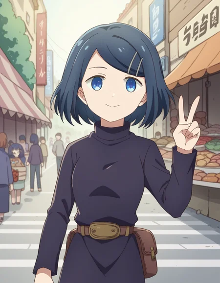 score_9, score_8_up, score_7_up, source_anime, <lora:dungeonpeople-clay-s1-ponyxl-lora-nochekaiser:1>, clay, short hair, blue eyes, black hair, hair ornament, blue hair, hairclip, swept bangs,, dress, belt, long sleeves, turtleneck,, street market, vendor, street food, bustling crowd, local flavor, vibrant, smile, , v, v over eyes,, solo,, cowboy shot, dutch angle