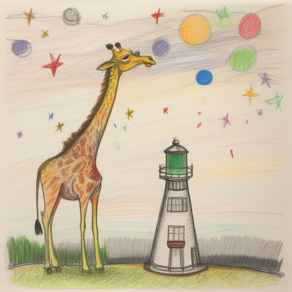 A giraffe with a telescope, gazing at stars from the top of a lighthouse
 <lora:crayons_v1_sdxl:1>