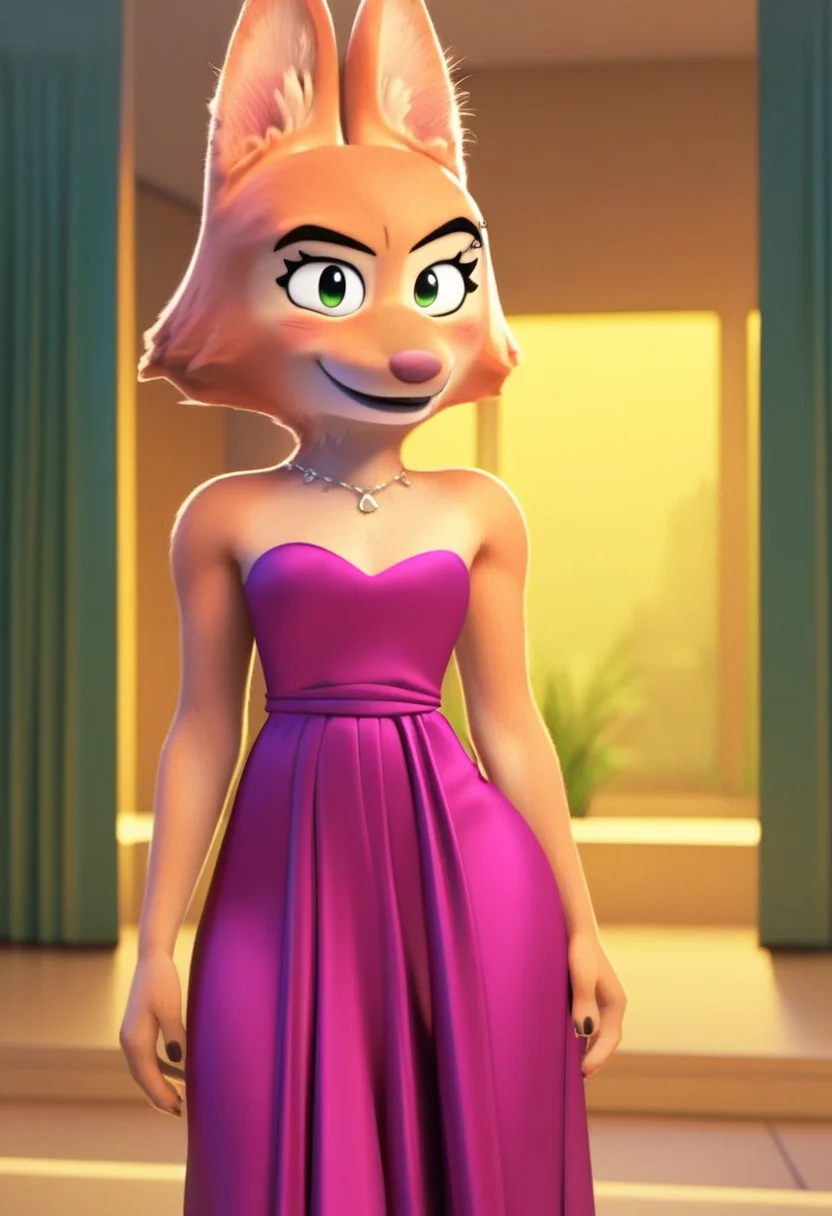 zPDXL, score_9,score_8_up,score_7_up,_up,source_cartoon, best quality, amazing quality, masterpiece, 1girl, looking at viewer, solo, fullbody, cute, blush, smile, diane foxington, green eyes, orange fur, fox girl, jewelry, indoors, room, plant, big booobs, pink dress, bare shoulders