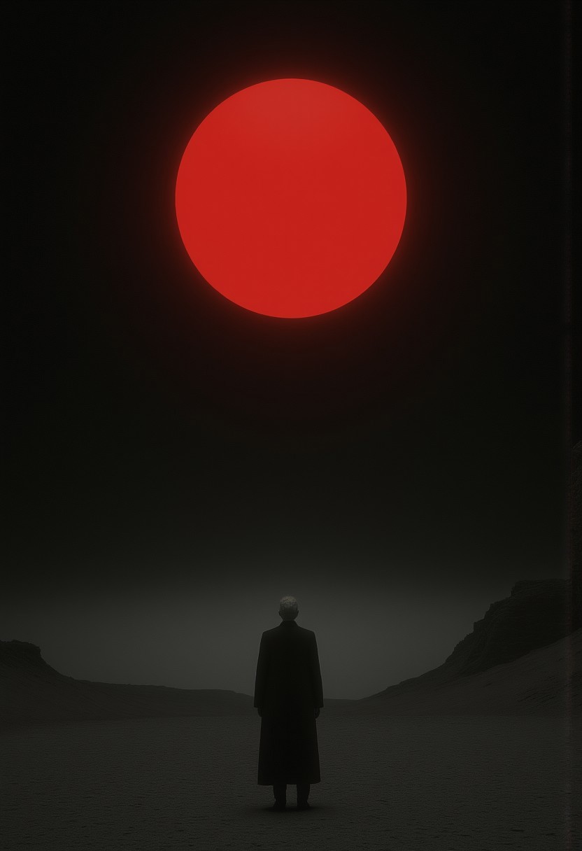 pure black ground,a pure red moon in the sky,no clouds,just some floating smoke