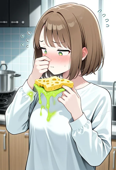 masterpiece, best quality, perfect quality, amazing quality, highly detailed, (detailed face:1.2), (detailed eyes:1.2),((badodor)), holding smelly food, bad rotten food, green smelly effects, fumes, yellow cheese, bad smell, 1girl, solo, flying sweatdrops, upper body, brown hair, blush, shirt, long sleeves, short hair, covering nose , pinching nose , looking sideways, kitchen, pov shot .