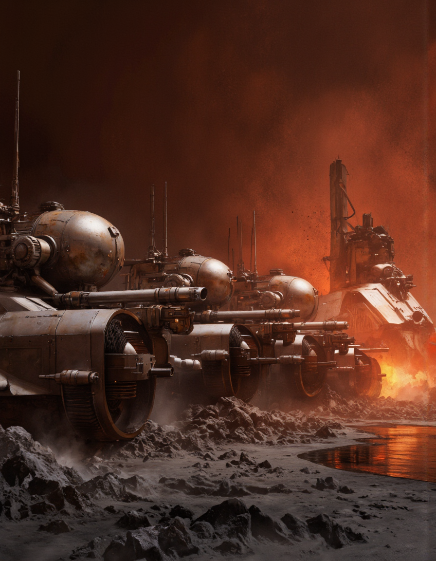 By Arthur Yuan. A photo-realistic digital illustration shoot from a far camera angle about a futuristic, sci-fi scene featuring heavy machinery and vehicles in a fiery orange and red environment. the scene is set in a dimly lit, smoky environment with a smoky, orange glow, and rocky terrain. on the left side of the image, there are several large, metallic vehicles with intricate details, including a large engine and a smaller one, positioned on the right side, as if they are in the midst of a battle. the vehicles appear to be armored vehicles, with a sleek, futuristic design, and are positioned closely together, creating a sense of movement and energy. the background is filled with a mix of red and orange hues, giving the scene a dramatic and intense atmosphere, reminiscent of a post-apocalyptic world. the overall mood is intense and dramatic, with the vehicles appearing to be in motion, adding to the sense of action and intensity in the scene.