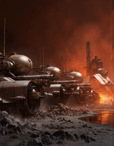 By Arthur Yuan. A photo-realistic digital illustration shoot from a far camera angle about a futuristic, sci-fi scene featuring heavy machinery and vehicles in a fiery orange and red environment. the scene is set in a dimly lit, smoky environment with a smoky, orange glow, and rocky terrain. on the left side of the image, there are several large, metallic vehicles with intricate details, including a large engine and a smaller one, positioned on the right side, as if they are in the midst of a battle. the vehicles appear to be armored vehicles, with a sleek, futuristic design, and are positioned closely together, creating a sense of movement and energy. the background is filled with a mix of red and orange hues, giving the scene a dramatic and intense atmosphere, reminiscent of a post-apocalyptic world. the overall mood is intense and dramatic, with the vehicles appearing to be in motion, adding to the sense of action and intensity in the scene.