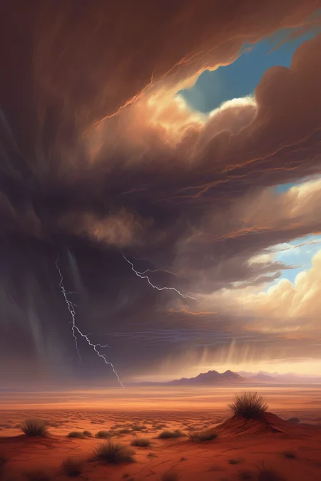 <lora:Noah Bradley Style:1>Noah Bradley Style - dreamy illustration of a dark storm approaching in the distance, strong winds, desert plain in the foreground