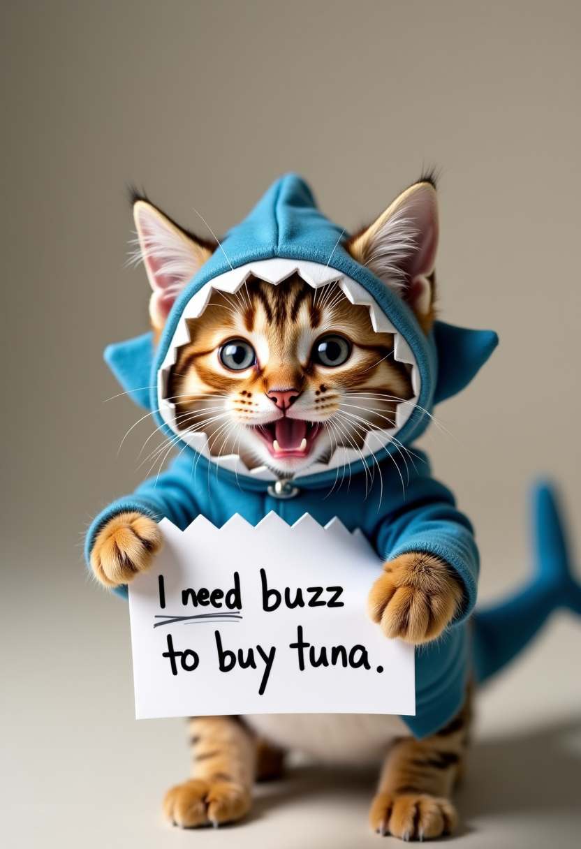 Cute little cat, shark outfit, playfull, happy,  cuteness overload,  holding a paper written "I need buzz to buy tuna", masterpiece, small centered composition, product shot,  wallpaper art, Rule of Thirds, delicate,lovable, tiny, best, dynamic composition, magnificent, intense, perfect background.