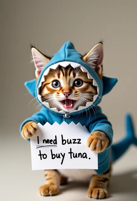 Cute little cat, shark outfit, playfull, happy, cuteness overload, holding a paper written "I need buzz to buy tuna", masterpiece, small centered composition, product shot, wallpaper art, Rule of Thirds, delicate,lovable, tiny, best, dynamic composition, magnificent, intense, perfect background.