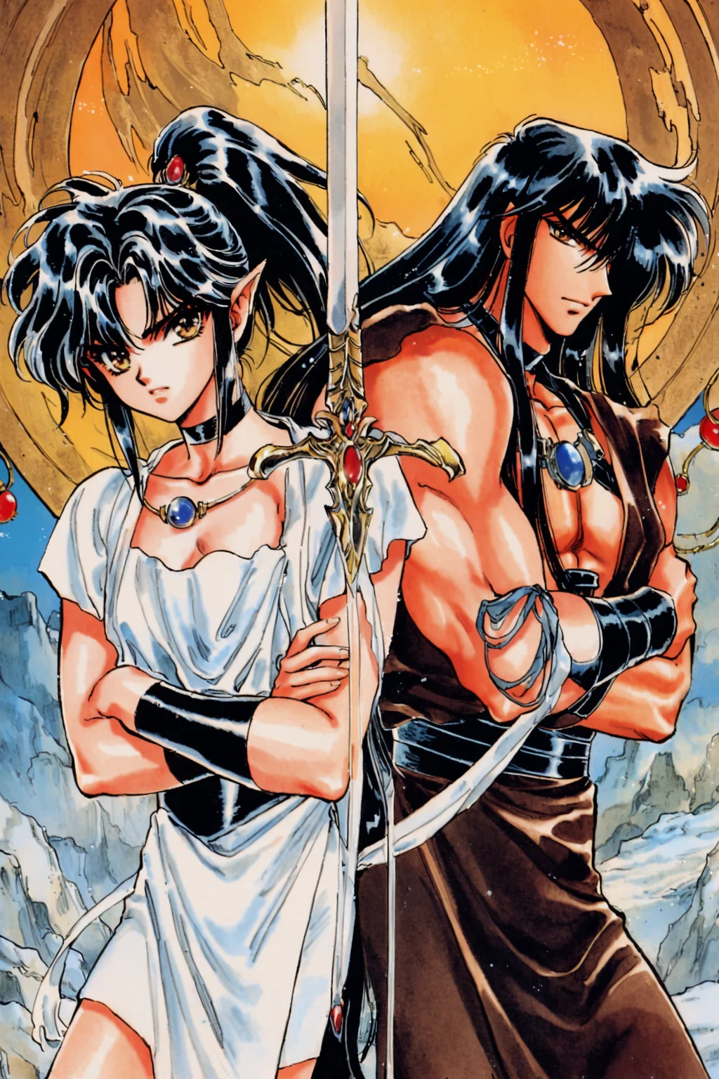Yaksha,Asura,1girl,sword,1boy,black hair,long hair,pointy ears,retro artstyle,ponytail,choker,jewelry,1990s (style),brown eyes,siblings,crossed arms,hair over one eye,back-to-backtraditional media,<lora:RG Veda_XL:0.8>,