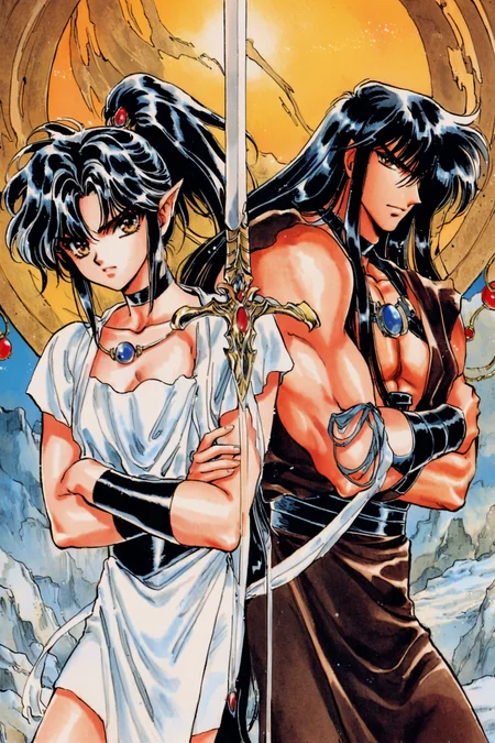 Yaksha,Asura,1girl,sword,1boy,black hair,long hair,pointy ears,retro artstyle,ponytail,choker,jewelry,1990s (style),brown eyes,siblings,crossed arms,hair over one eye,back-to-backtraditional media,<lora:RG Veda_XL:0.8>,