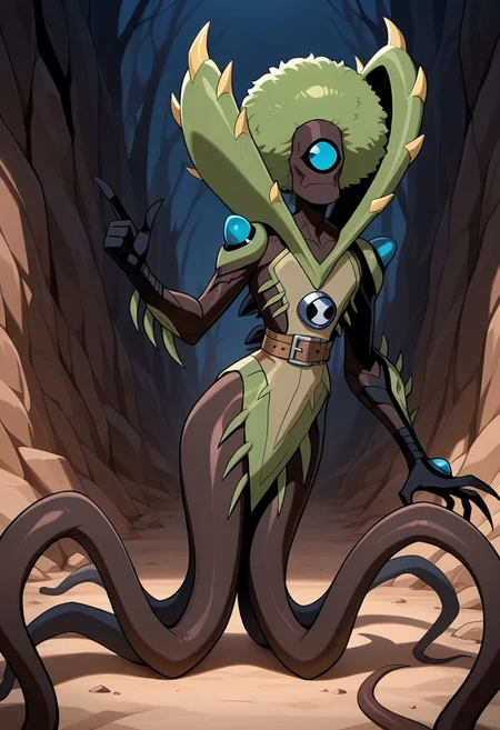 , masterpiece, best quality, amazing quality, very aesthetic, absurdres, newest,
wildvine, solo, , alien, monster, one eye, blue eye, , , spikes, no hair, 1boy, Digimon, 
expressive, very expressive, 
brown skin, dark brown skin, black skin, crooked skin, tentacles legs, deep brown skin, green afro, finger guns, brown ruff,