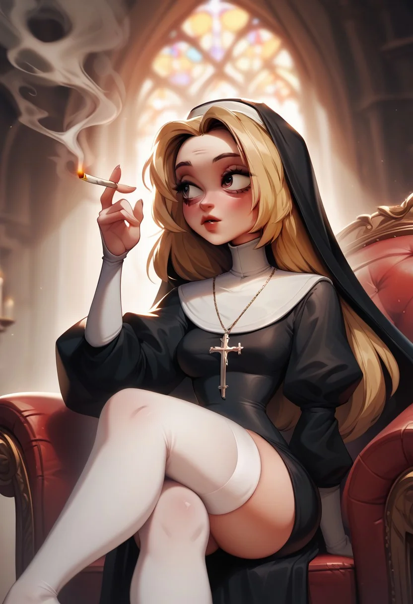 score_9, score_8_up, score_7_up, 1girl, blonde hair, long hair, wearing nun outfit, black dress, white stockings, sitting on armchair, smoking, relaxed pose, looking away, high contrast, strong visual contrast, hattiezazu, digital art, soft light,