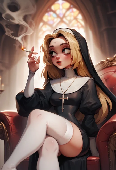 score_9, score_8_up, score_7_up, 1girl, blonde hair, long hair, wearing nun outfit, black dress, white stockings, sitting on armchair, smoking, relaxed pose, looking away, high contrast, strong visual contrast, hattiezazu, digital art, soft light,