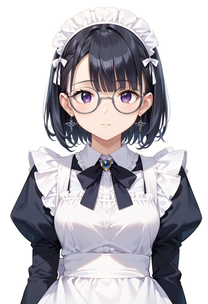 score_9, score_8_up, score_7_up, rating_safe, masterpiece, best quality, absurdres, unity 8k wallpaper, official art, official style, source_anime, uncensored, game cg, megami magazine,
1girl, solo, black hair, medium hair, upper body, covered eyes,maid, maid headdress, black dress, maid apron, face focus,
round_glasses22A, glasses, still life, white background, simple background, grey-framed eyewear,
 <lora:glasses_Round_PONY_V1:1>