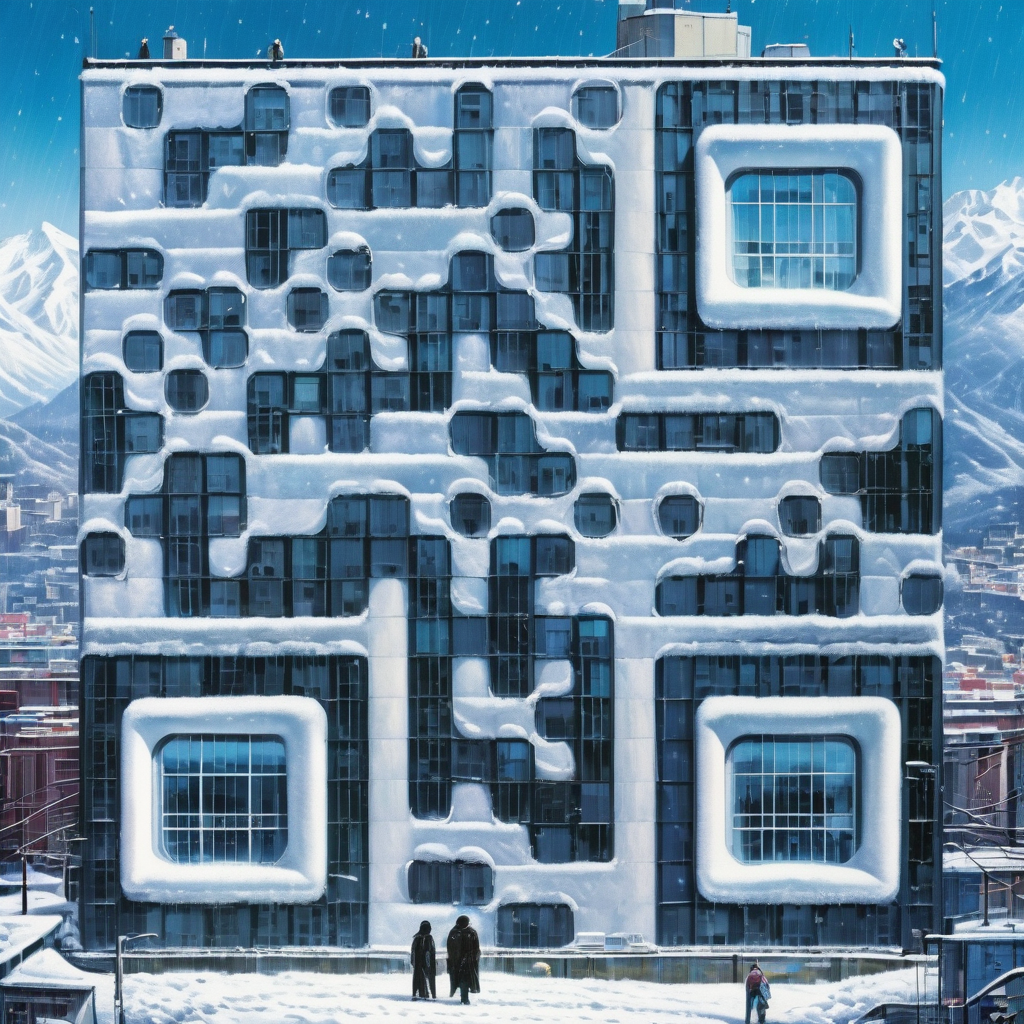 photograph, ultra photorealistic, photorealism, film still of a city in a snowy mountain, daylight, bright colors, hyper realistic, modern, surreal, lights, behance, halation, bloom, dramatic atmosphere, rule of thirds, 8k uhd, dslr, high quality, film grain, Fuji Superia X-TRA 400, by Ilya Kuvsh inov, katsuhiro otomo, ghost-in-the-shell, magali