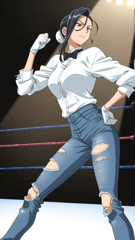 masterpiece, best quality, anime coloring, wrestling ring, spotlight,
1girl,solo, dynamic pose,
<lora:Terumi-Kannazuki_lL_v01:1> terumi-kannazuki, black hair, black bowtie, pants, white gloves, earrings, jewelry, hair bun, denim, bun cover, jeans, torn jeans, (aged up:1.45)