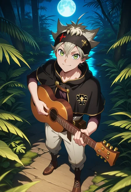 masterpiece, best quality, , anime screencap, , , looking at viewer, 1boy, solo, male focus, <lora:asta_black_clover_ilxl:0.98>, asta_black_clover, grey hair, green eyes, short hair, spiked hair, black headband, black capelet, from above, jungle, rainforest, ruins, night, full moon, holding instrument, happy, Linen-cotton trousers, Dark brown Thermal Henley shirt, Cap-toe shoes, ,