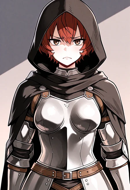 masterpiece, best quality, amazing quality, <lora:yuugiriil:1> 1girl, red hair, brown eyes, short hair, medium breasts, full armor, black cape, hood up, upper body, looking at viewer, furrowed brow, frown,