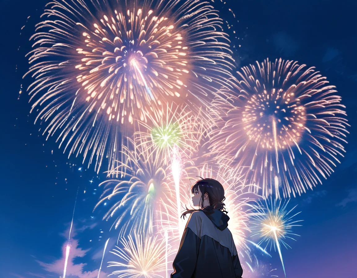 score_7_up, anime BREAK official art, solo, 1girl, one girl, 
<lora:hanabitaikai:0.9>, hanabitaikai, 
fireworks, scenery, night, aerial fireworks, colorful, night sky, outdoors, from below, 
(masterpiece:1.3), best quality, high resolution, unity 8k wallpaper, extremely detailed CG, 8K, (watercolor \(medium\), muted color, sketch:1.1), perfect anatomy, highly finished, masterpiece, best quality, high quality, amazing quality, great quality, very aesthetic, ultra detailed, highres, absurdres, highly detailed, highly detailed background,