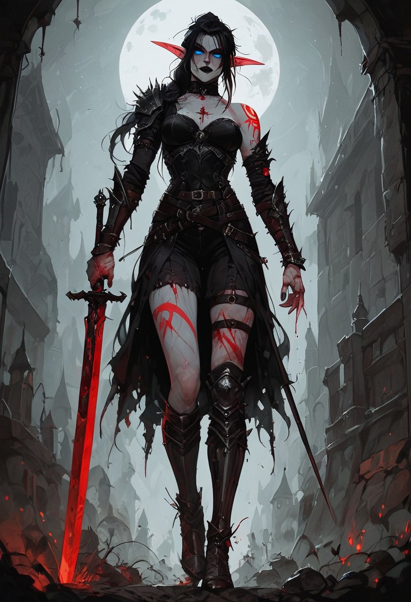 score_9, score_8_up, score_7_up, score_6_up, 1girl, night elf, undead, deathknight, goth, tall girl, athletic, pointy ears, long ears, blue eyes, glowing eyes, ((pale grey skin with red warpaint)), red body tattoo, black hair, messy hair, ponytail, black lipstick, red facetattoo, scars, piercings, smug, black plate armor, full body armor, ((knight armor)), plate pants, plate shoulder, blood, ((holding 1 giant greatsword)) look at viewer, halfbody portrait, dutch angle, cowboyshot, night, cold moonlight, outdoors, leg up, halfbody portrait, below,