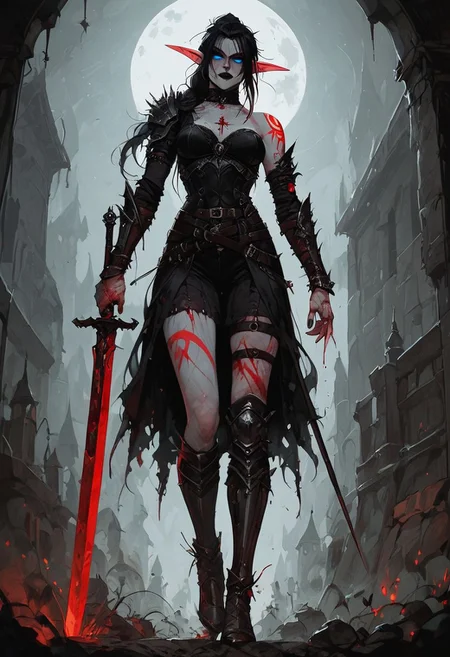 score_9, score_8_up, score_7_up, score_6_up, 1girl, night elf, undead, deathknight, goth, tall girl, athletic, pointy ears, long ears, blue eyes, glowing eyes, ((pale grey skin with red warpaint)), red body tattoo, black hair, messy hair, ponytail, black lipstick, red facetattoo, scars, piercings, smug, black plate armor, full body armor, ((knight armor)), plate pants, plate shoulder, blood, ((holding 1 giant greatsword)) look at viewer, halfbody portrait, dutch angle, cowboyshot, night, cold moonlight, outdoors, leg up, halfbody portrait, below,