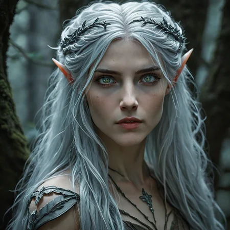 An upper body photo of an ethereal elven princess with long, flowing silver hair that cascades down her back, adorned with a delicate black vine-like crown. Her piercing, icy blue eyes reflect a deep, ancient wisdom, and her pointed ears add to her mystical appearance. She is dressed in a dark, elegant gown with intricate, leaf-like patterns that blend seamlessly with the shadowy forest around her. The background is a dim, enchanted woodland, where the ancient trees loom tall and mysterious, their twisted branches casting eerie shadows across the scene, enhancing the princess's otherworldly presence