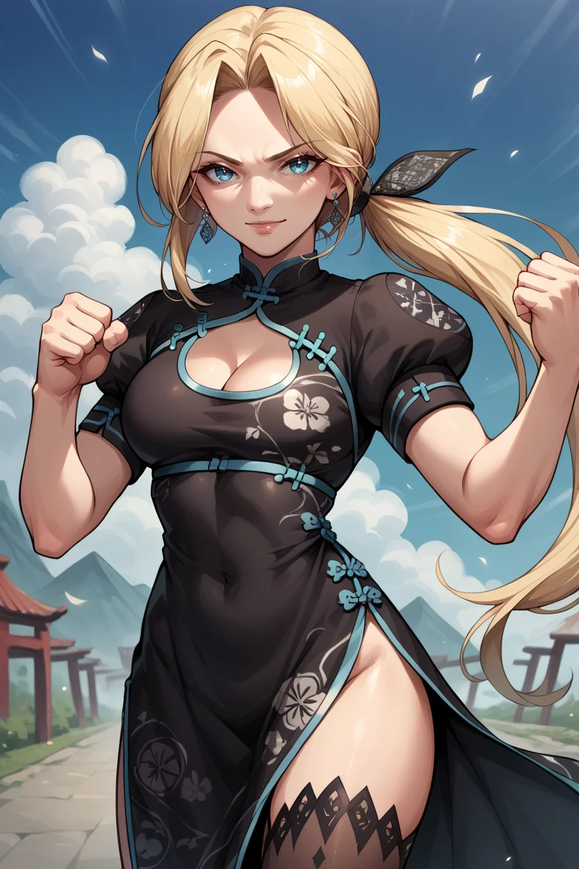 score_9, score_8_up, score_7_up, score_6_up, source_anime, BREAK 1girl, solo <lora:doahelena-pdxl-nvwls-v1-000006:1> doaHelena, low ponytail, earrings, black dress, china dress, long dress, cleavage cutout, short sleeves, puffy sleeves, black thighhighs, fighting stance, looking at you, smile, blue sky, large breasts, standing