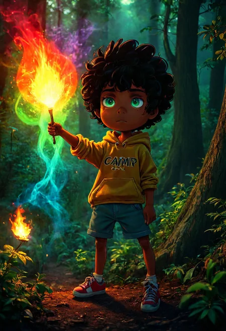 max (camp camp), dark fantasy theme, rainbow colored silhouette outline against a dark background,max (camp camp), 1boy, solo, human, male focus, curly black hair, curly tousled black hair, afro, dark skin, dark-skinned male,  large eyes, round eyes, green eyes,small nose, triangular nose, pointed nose, beautiful forest horror, anime, magical fantasy, plasma pattern, dark lights
,epic, cinematic colors, masterpiece, detailmaximizer, midjourneyv6.1