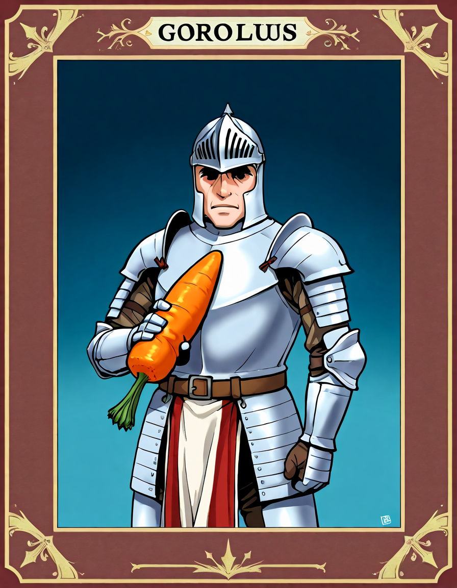 <lora:Meramera_Jealousy_Illustrious:1>meramera, 1boy, knight, wearing armor, medieval, holding a carrot, regal, lord, glorious