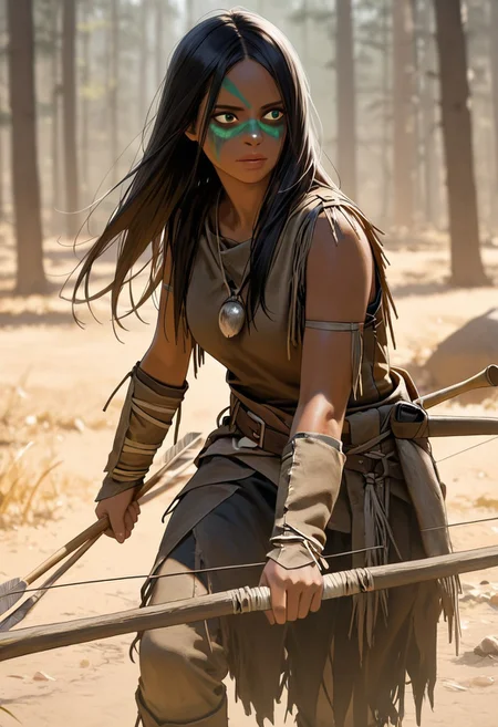, (score_9, score_8, score_7), masterwork, masterpiece, best quality, beautiful face, detailed face, beautiful eyes, detailed eyes, naru01,1girl, long black straight hair, dark skin, glowing green war paint across eyes and nose, brwon eyes, white vertical face stripe, tribal leather outfit, brown sleeveless leather top, rough torn leather skirt, leather belt, fringed leather arm wraps, fringed leather leg wraps, leather boots, tomahawk in hand, bow and arrows on back, tribal necklace with round pendant, realistic body, native warrior style